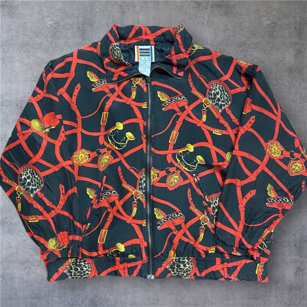 EVR Div Russo Casual Vintage 90s Silk Bomber Black Red Jacket Women's Size Large